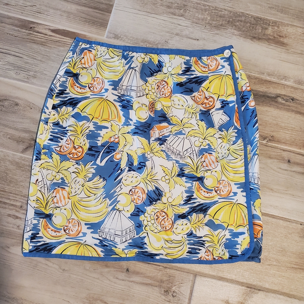 Vtg Reversible Tropical Gingham Print Skirt Blue Yellow Sz 2 Beach Resort Summer